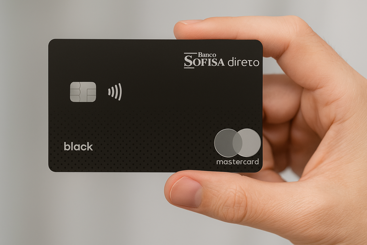 Uma mão masculina segura o Cartão Sofisa Direto Black entre o polegar e o indicador, em posição frontal. O cartão tem acabamento preto fosco com pequenos pontos em relevo na parte inferior, chip metálico à esquerda, ícone de pagamento por aproximação ao lado do chip, a palavra “black” em branco no canto inferior esquerdo e o logotipo da Mastercard em tons de cinza no canto inferior direito. No canto superior direito está o logotipo “Banco Sofisa Direto”. O fundo é neutro em tom claro, destacando o cartão.